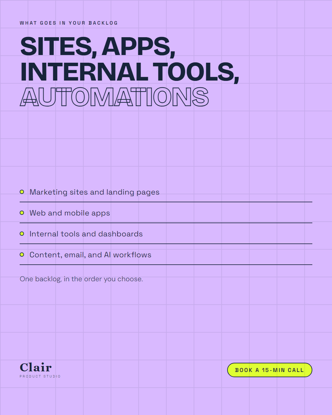 Clair lilac grid post listing what goes in a backlog.