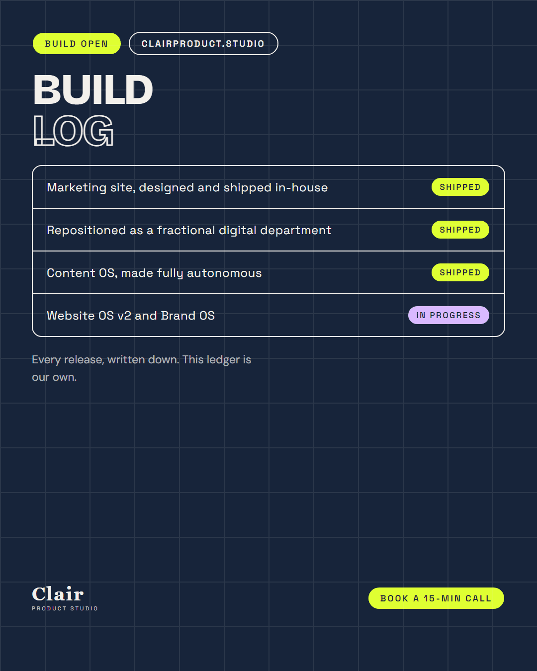 Dark ink ledger post titled Build Log, listing shipped releases with status pills.