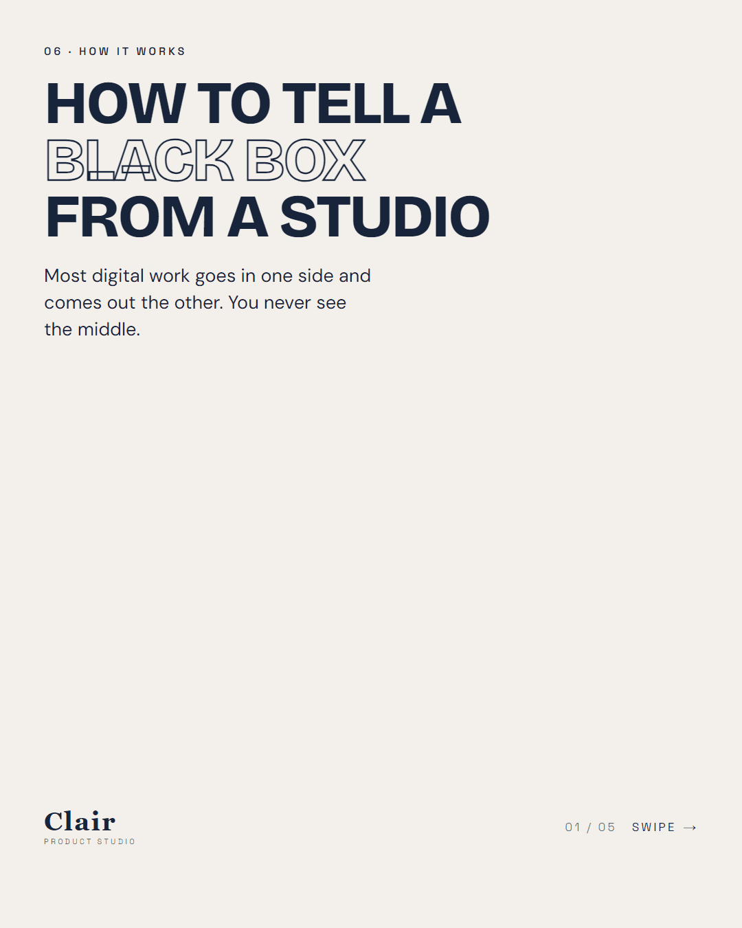 Carousel cover, slide 1 of 5: “How to tell a black box from a studio” in mixed solid and outlined display type.